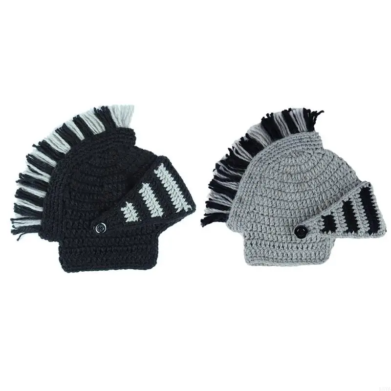 

L5YA Men Women Funny Chunky Knitted Roman Knight Helmet Hat Contrast Color Tassel Barbarian Crochet Earflap Beanie Skull