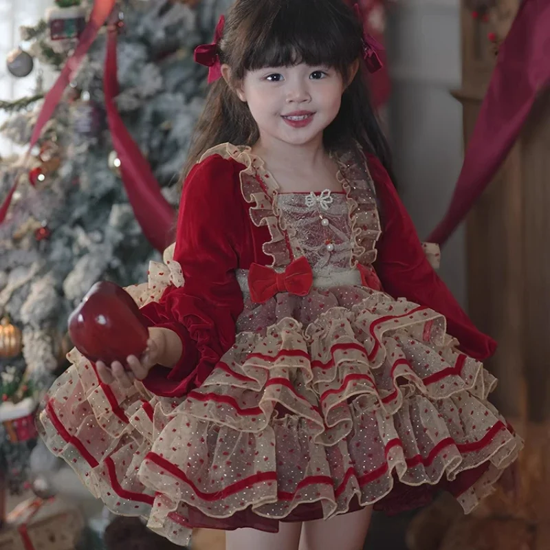 

Ins Girls Lolita Princess Costume Festival Red Dress Baby Birthday Yearpiece Dress Fluffy Dress New Year Flower Girl EID Dresses