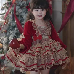 Ins Girls Lolita Princess Costume Festival Red Dress Baby Birthday Yearpiece Dress Fluffy Dress New Year Flower Girl EID Dresses