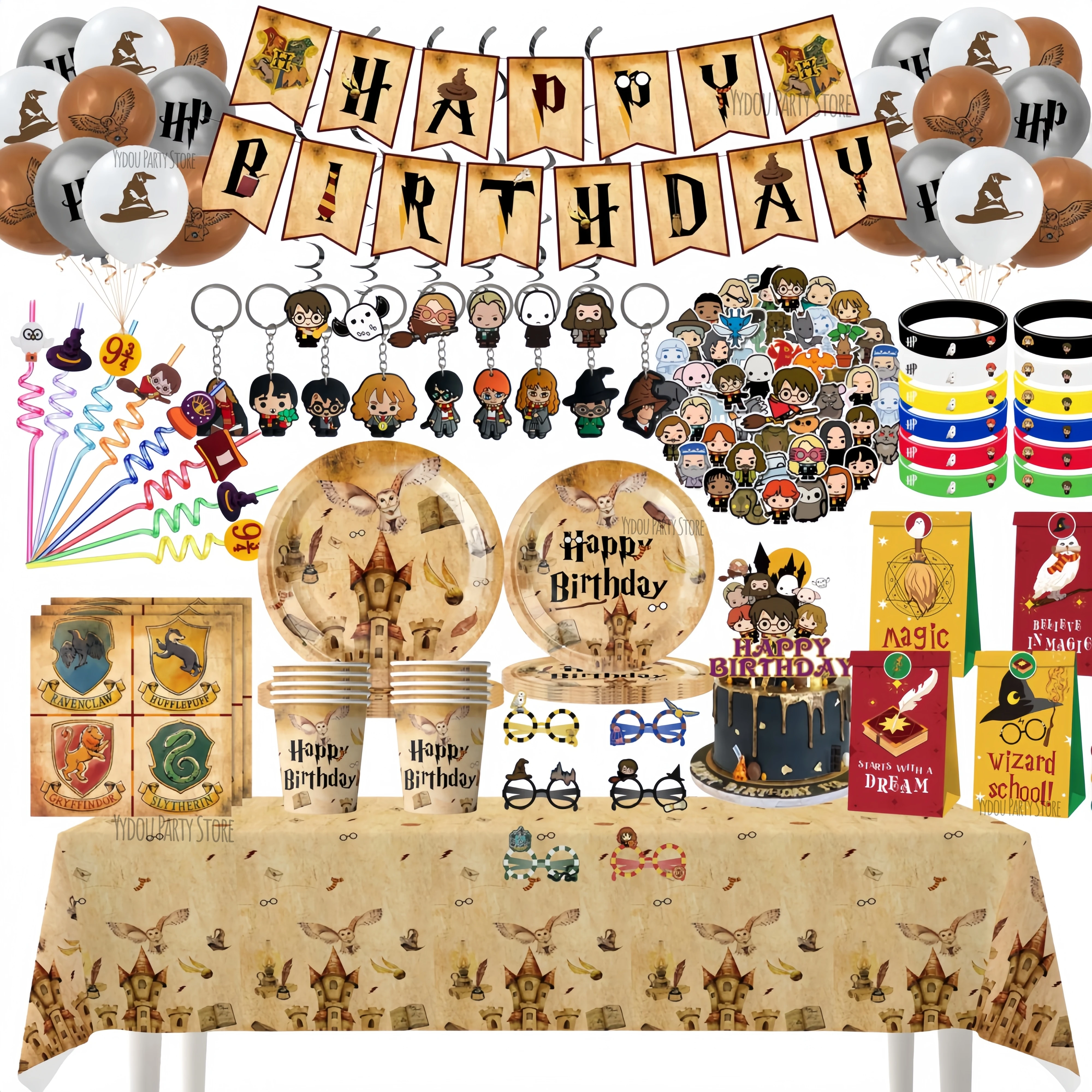 Fournitures de fête d'anniversaire sur le thème de l'Académie Magique, décorations, assiettes, gobelets, serviettes, ballons pour les cadeaux et les faveurs de fête pour enfants, accessoires photo
