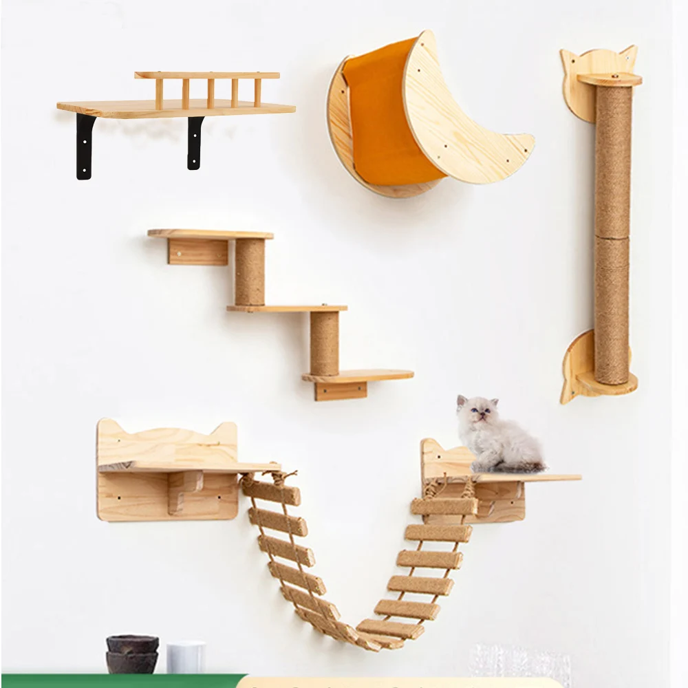 Wall Mounted Cat Climbing Rope & Bridge Wooden Cat Furniture for Cats Exercise & Claw Grinding Indoors Sturdy & Durable Cat Toys