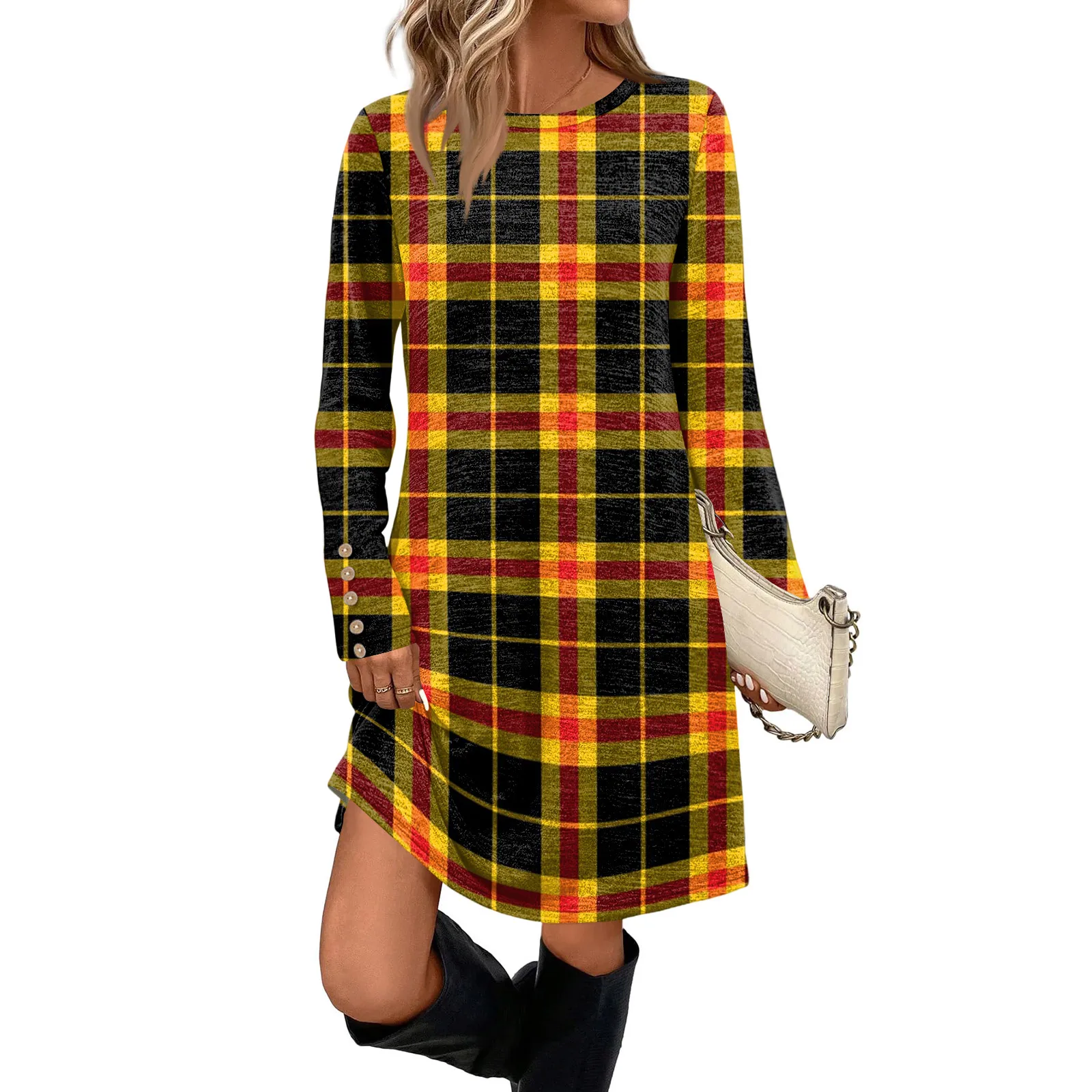 فستان كاجوال أنيق للنساء مع جيوب وأزرار زخرفية ورقبة دائرية وأكمام طويلة فيستدوس أنيقة بارا موجر جديد #5