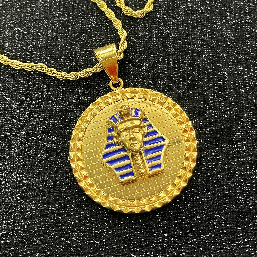 Fashion Egyptian King Tut Tutankhamen Pendants with rhinestone Round Short Mens Womens Silver Color color Necklace Jewelry Gift