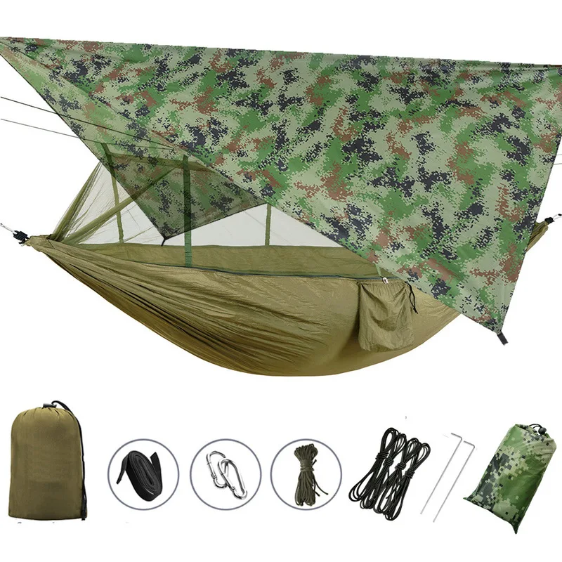 

Outdoor Double Camping Hammock with Mosquito Net and Rain Fly Tarp Lightweight Parachute Hammocks for Travel Hiking 260x140cm