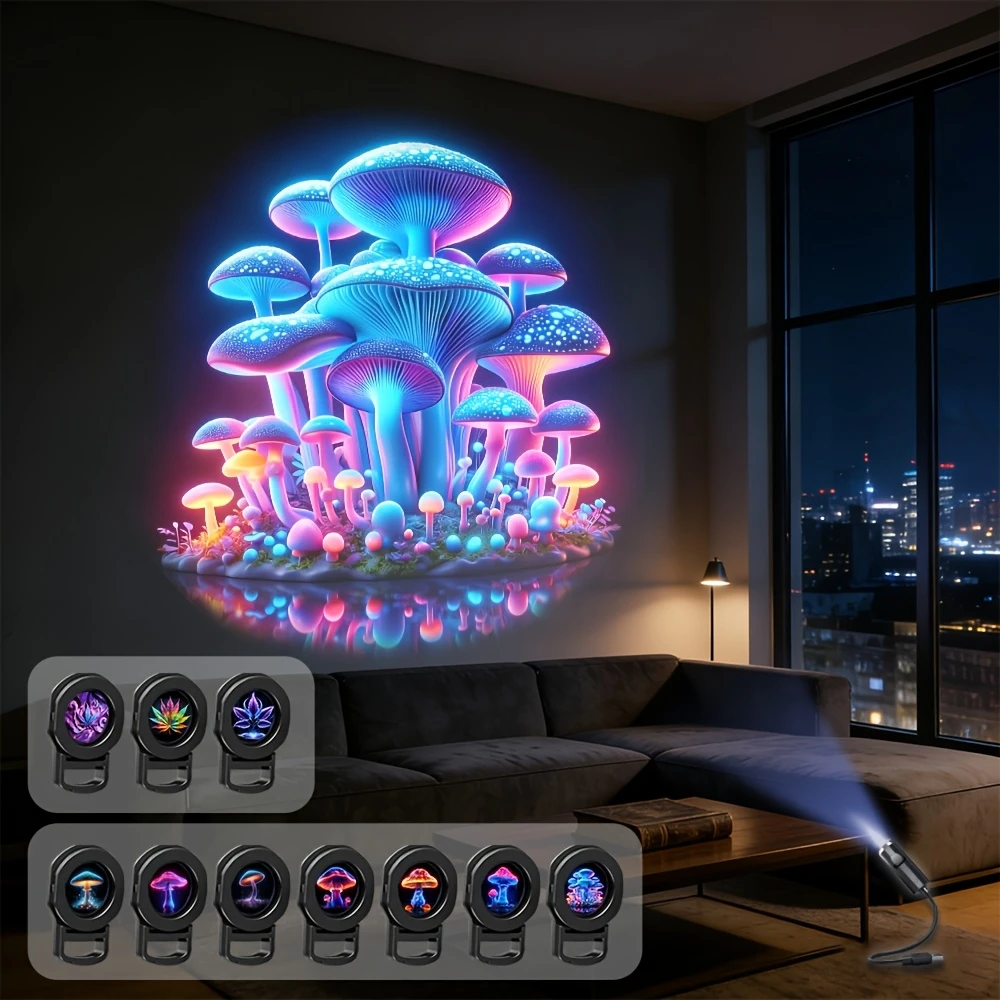 LED Colorful Leaf/Mushroom Projection Lamp Dreamy Atmosphere Lamp Bedroom USB Atmosphere Decoration Lamp Portable Festival Decor