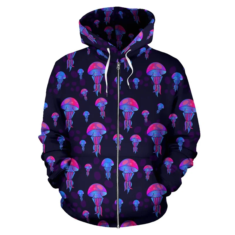 Vintage 3D Sea Creatures Jelly Fishes Printing Zip Up Hoodies For Men Funny Streetwear Zipper Sweatshirts Women Casual Y2k Tops