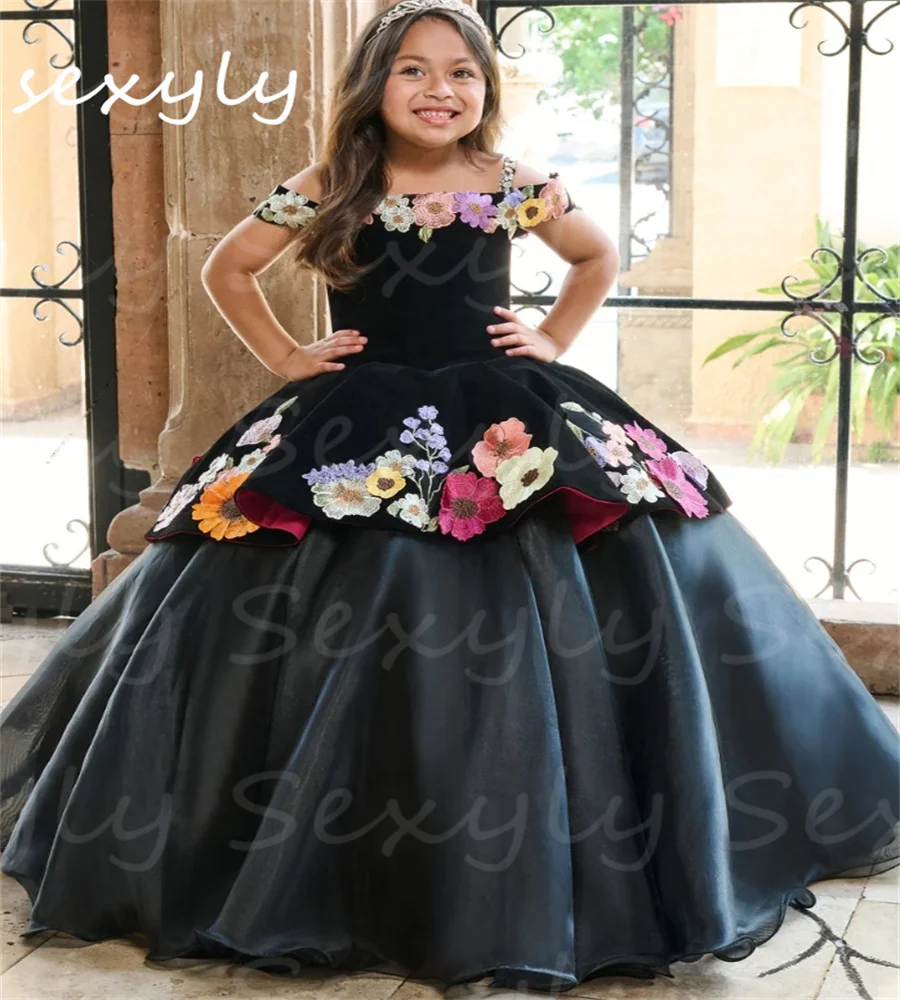 

Customized Mexican Flower Girls Dresses Purple Black Mariachi Kids Vestidos Quinceanera Mexicanos De Gala Girls Pageant Party