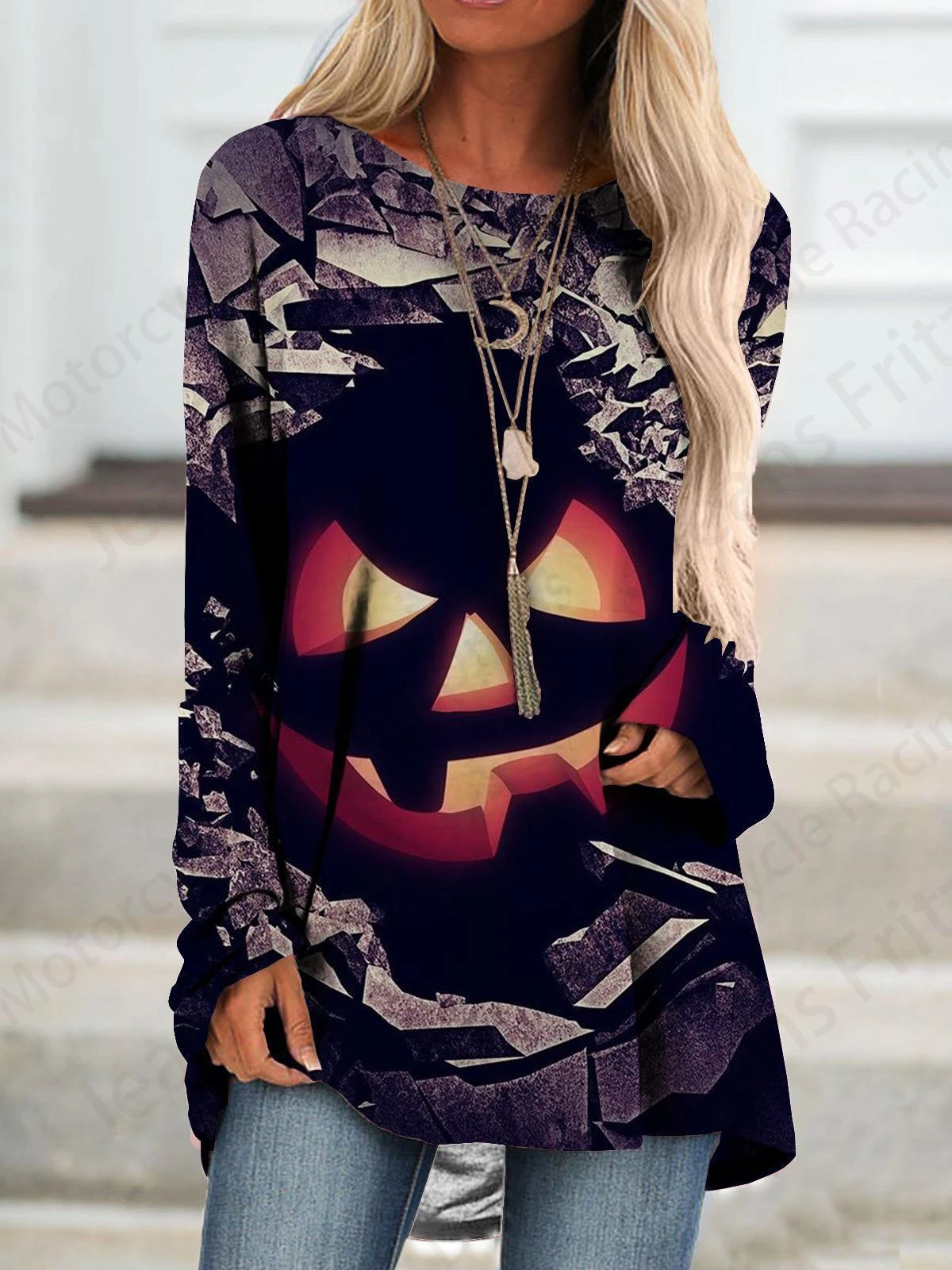 Halloween 3d Print Long Sleeve T-shirt Women Fashion Crewneck Long Tunic Tops Women Falls Pumpkin Clothing Femme Tops Y2k Style