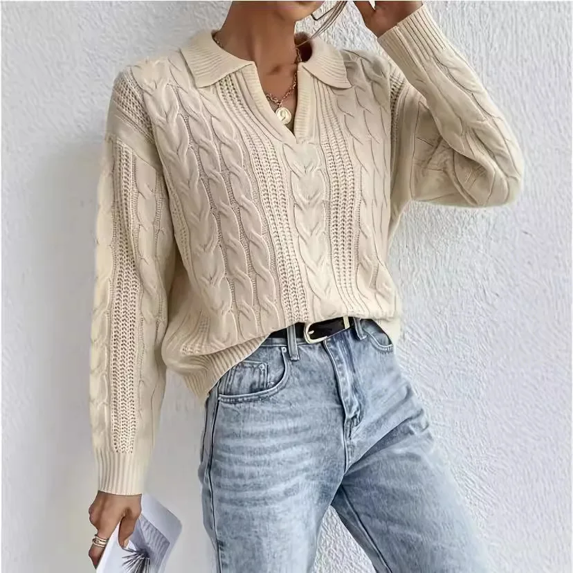 Pull Hiver Femme Lapel V-neck Pullover Autumn Winter Women's New Versatile Ribbed Knitted Sweater Solid Color Top Ladies Clothes