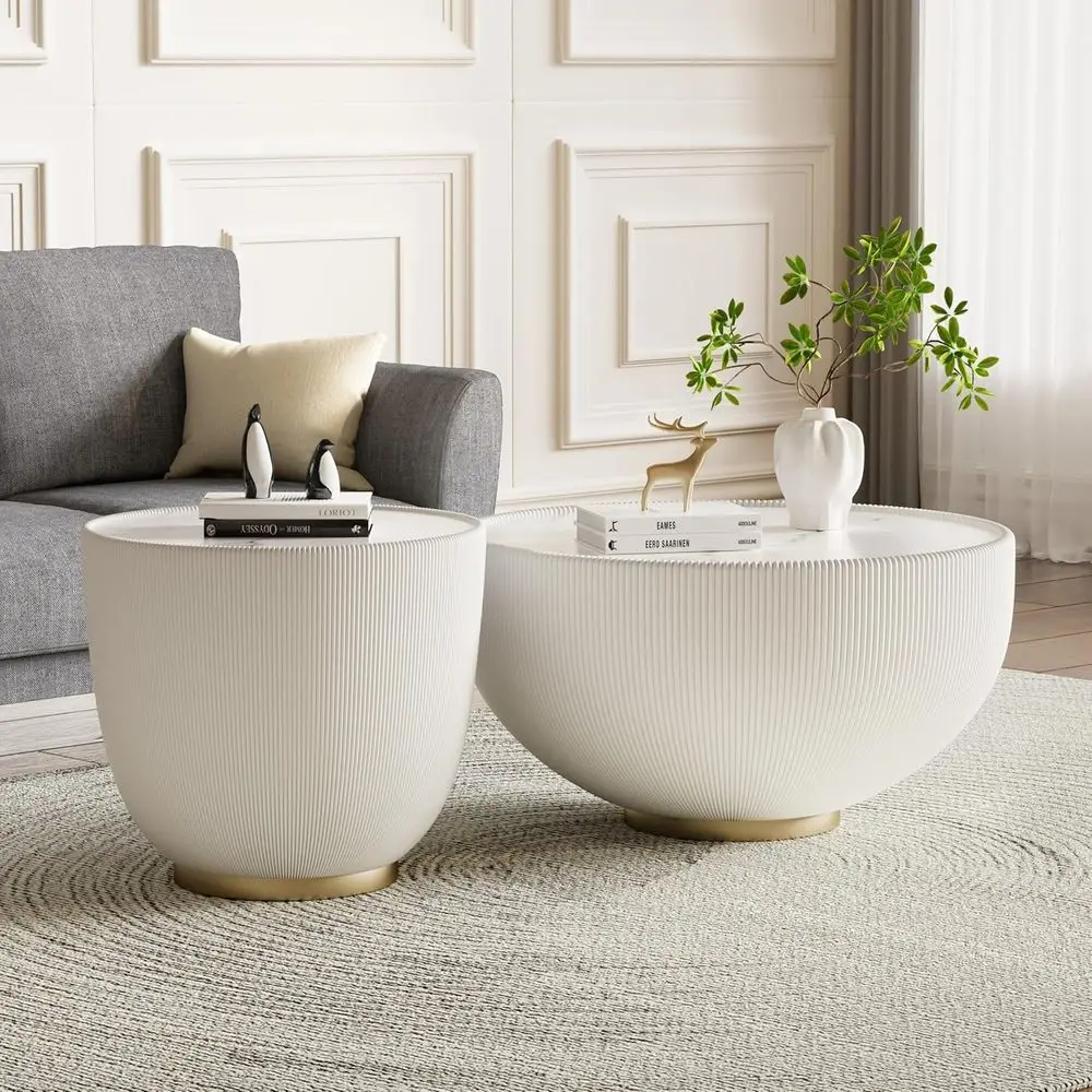 

2-Piece Nesting Coffee Table Set with Sintered Stone Tops and Cream White Leatherette Finish for Living Room