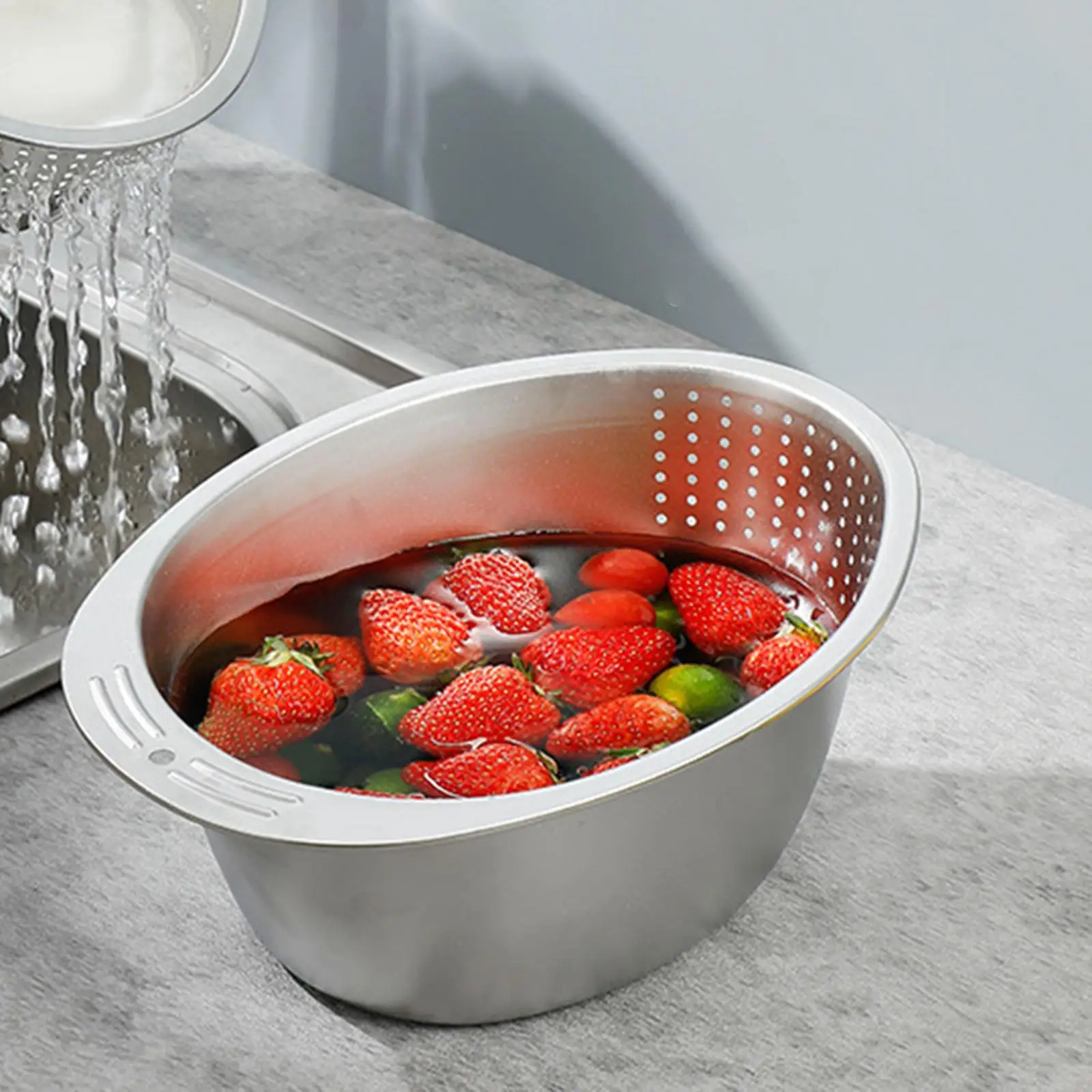 Slanted Rice Strainer Washing Bowl Stainless Steel Efficient Smooth Surface with Side Drainage for Cleaning Quinoa and Beans
