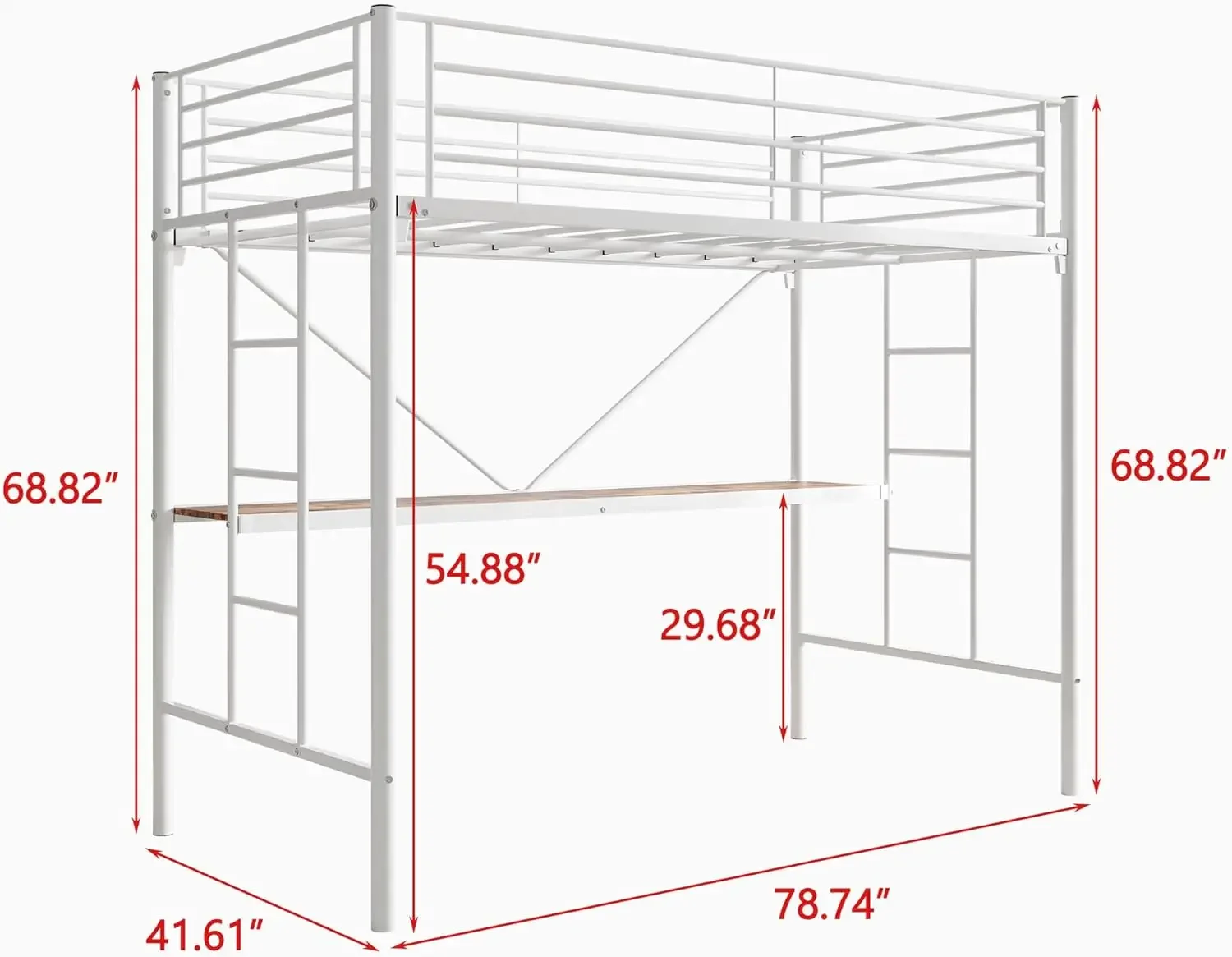 Metal Loft Bed with Desk & 2 Built-in Ladders,Safety Guard Rail, Space-Saving Design, No Box Spring Needed, Twin White