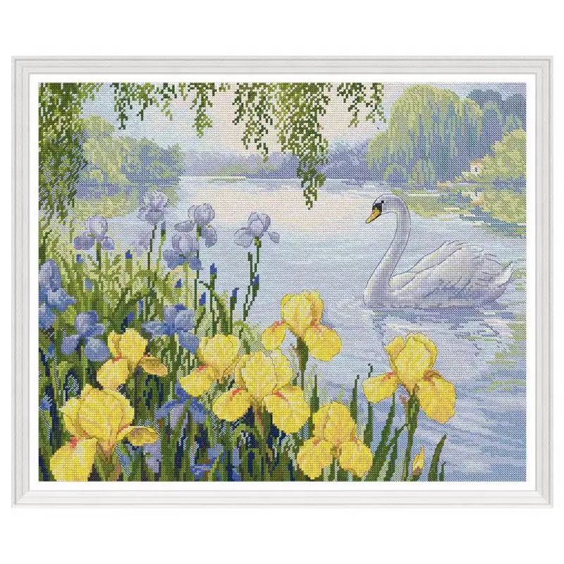 

Iris pond swan lake Scenery Cross Stitch Embroidery Kits 11CT Scenic Accurate Printed DIY Needlework Aide New Year Home Decor