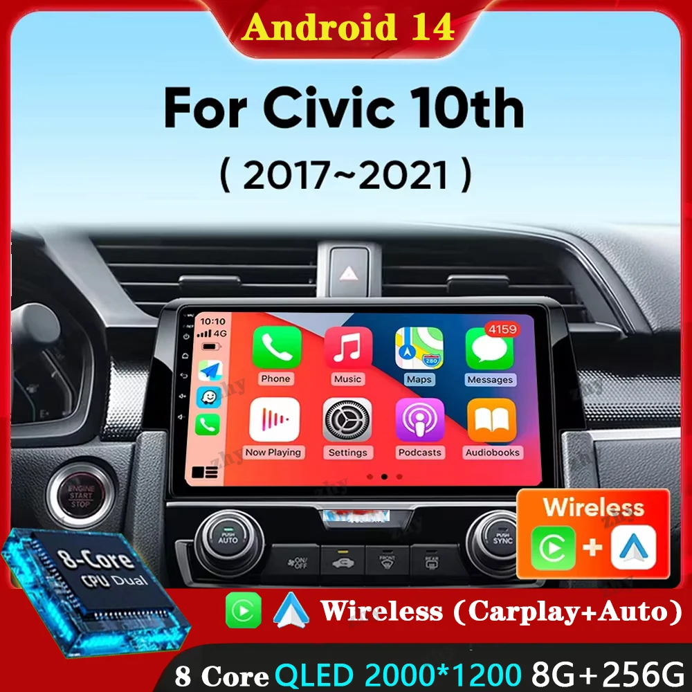 

Для Honda Civic 10 2016 2017 2018 2019-2021 Android 14 Carplay Авто Авто Радио Мультимедийный Видеоплеер Навигация GPS 4G WIFI