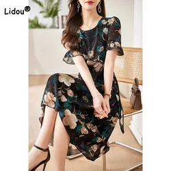 Fashionable Round Neck Chiffon Summer Women's Clothing Temperament Floral Printing Ruffles Short Sleeve Bandage Midi Dresses