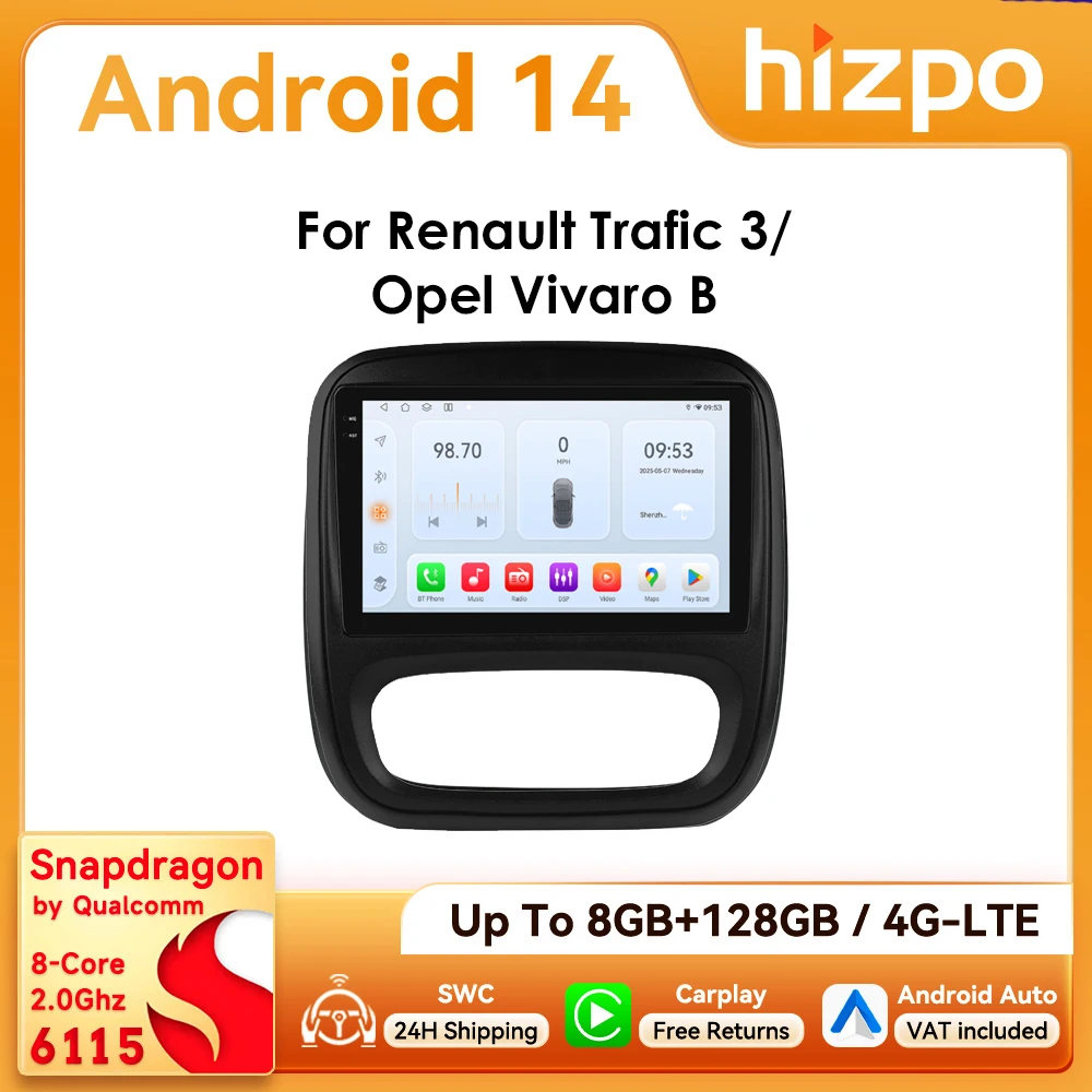 9 " Hizpo 2Din CarPlay Android Auto autoradio pour Opel Vivaro B 2014 - 2018 Renault Trafic 2014 - 2021 RDS DSP GPS Navi BT 4G SWC