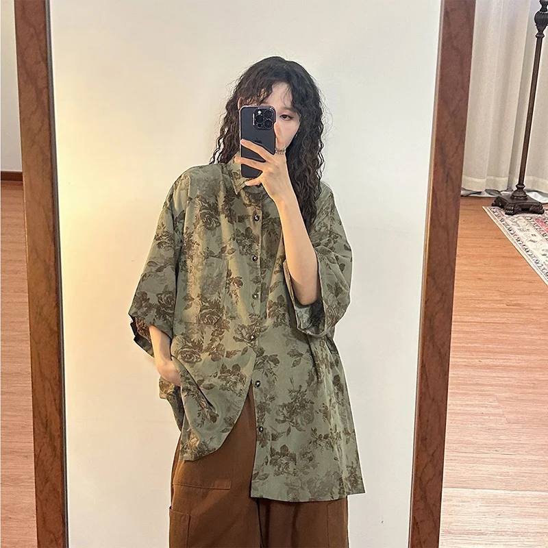 Vintage Chic Print Shirts Spring Summer Lapel Long Sleeve Baggy Floral Tops Bf Harajuku Korean Preppy All Match Chiffon Blouse