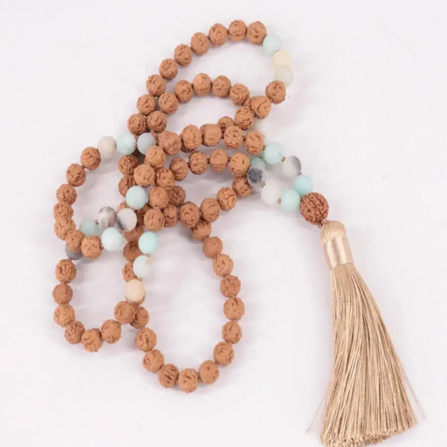 Natural Rudraksha 108 Beads Mala Necklace with Amazonite & White Jade Spacers view 2