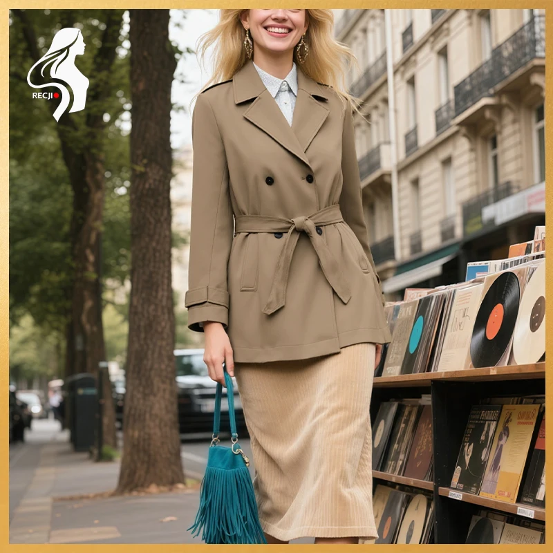 

RECJI новый осенний женский модный плащ цвета хаки из искусственной замши, двубортный дизайн на шнуровке, элегантный повседневный топ Trafizaran
