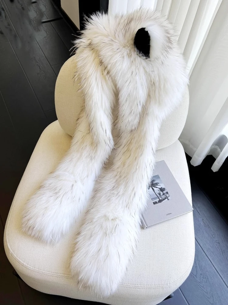 المرأة الشتاء الثعلب الفراء الحيوان الأذن قبعة وشاح مجموعة فو الفراء محبوك قبعة الثلوج الدافئة كامل التفاف الرقبة حماية طويلة ثنى التصميم قبعة