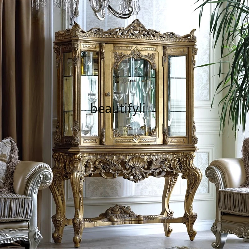 

European wine cabinet living room retro old wine cabinet solid wood carving flower villa living room against the wall high