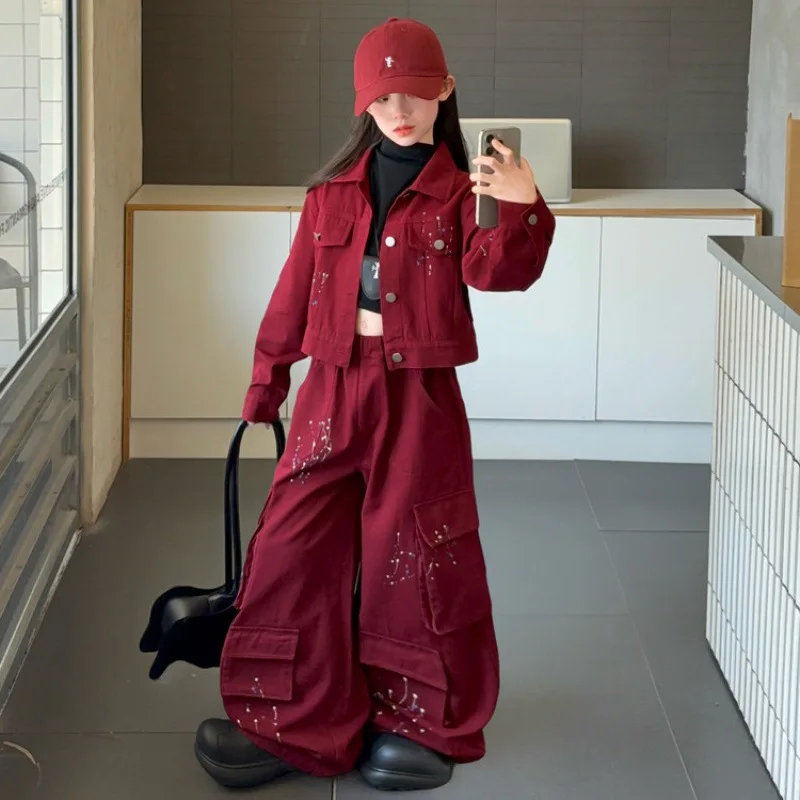 Spring and Autumn Girls' Denim Set Big Kids New Streetwear Outfit Ink-splashed Children's Trendy Jacket + Work Pants 2pcs Suits