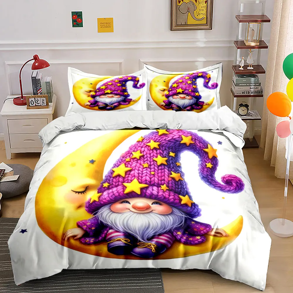 A dreamy gnome sitting on a shining crescent moon Print Duvet Cover Bedding Set Included 1*Duvet Cover 2*Pillowcases