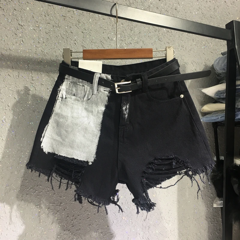 2025 Summer New Korean Version Pocket Spray Paint Denim Shorts Women Loose and Thin Ripped Rough Edge Wide Leg Shorts Hot Pants