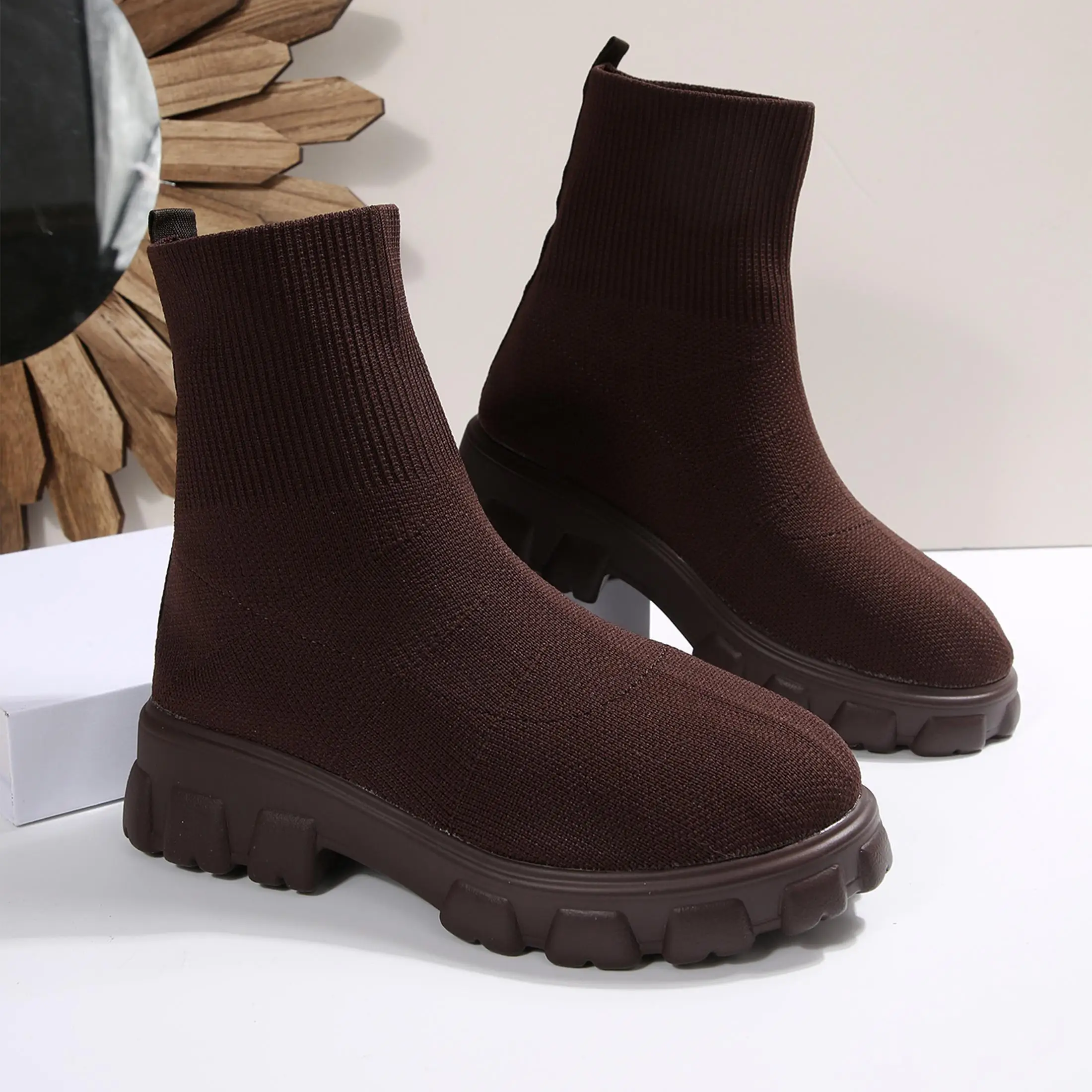 Ankle Boots for Women Comfortable Round Toe Slip On Stretch Soft Chunky Block Heel Knit Platform Boots Punk Dress Sock Boots