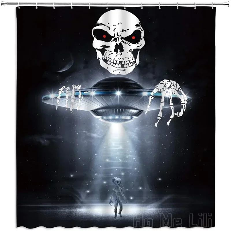 Skull Attack Ufo By Ho Me Lili Shower Curtain Halloween Alien Spaceship Sci Fi Theme Decor Fabric Bathroom Set Hooks Included