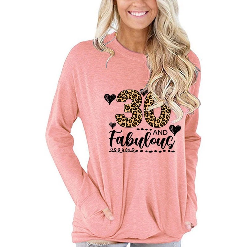 Women's Long Sleeve T-shirt 30 and Fabulous Leopard Print Classic T-shirts Retro 30th Birthday Fall Long Sleeves Gifts for Women