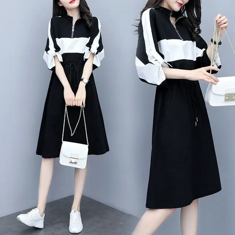 Fashion Stand Collar Zipper Shirring Lace Up Bow Casual Dresses Female Clothing 2024 Spring Summer New Loose Korean Midi Dress
