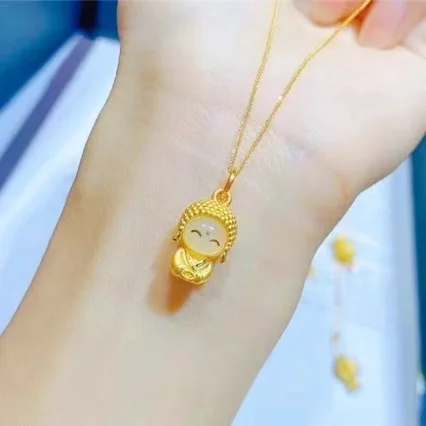 AU999 Gold Smiling Buddha Pendant for Women Xiangyu Baoping Cute Sweet 24K Pure Gold Necklace for Girlfriend Gift