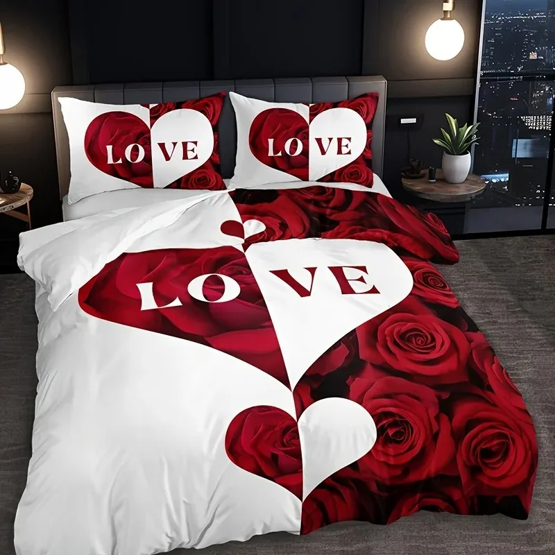 Love Rose Letter Print Duvet Cover Set - Romantic Red & White Design with 1 Duvet Cover + 2 Pillowcases, High-Definition Print