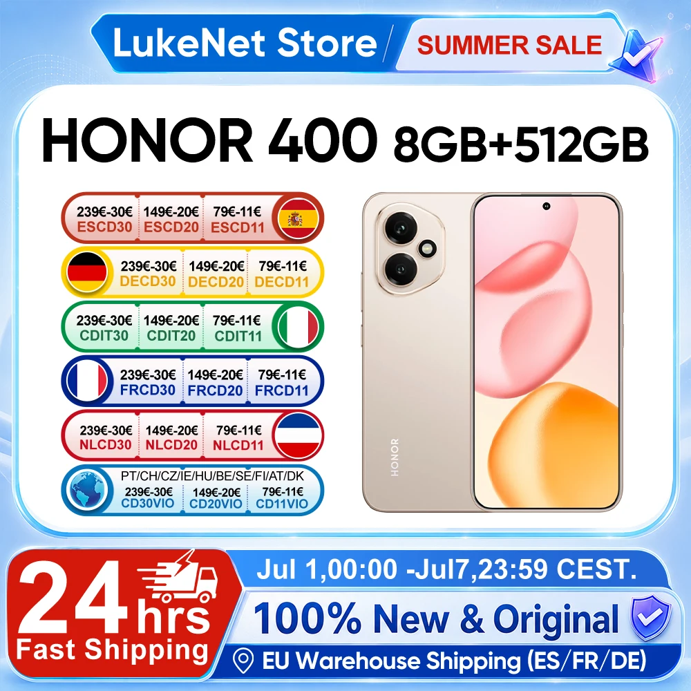 Versión EU HONOR 400 Smartphone 5G Snapdragon 7 Gen 3 Cámara IA de 200MP Pantalla AMOLED de 6.55'' 5300mAh 66W… — oferta en AliExpress