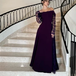 Customized Classic Boat Neck Off the Shoulder Long Sleeves Jersey Evening Dress Graceful Lace Pleats Photo Color Party Gown