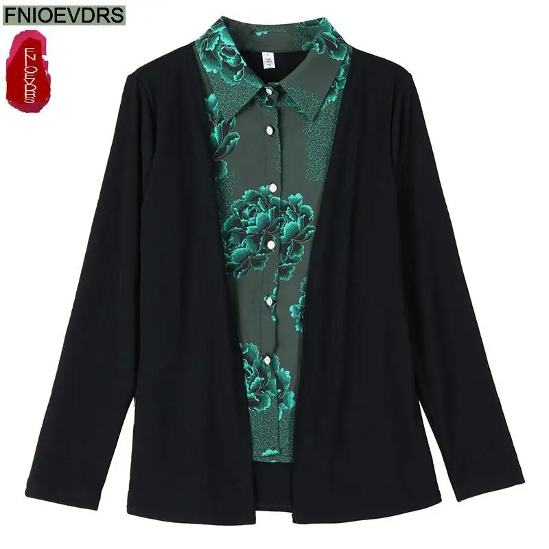 M-5XL New Year Faux Two Piece Tops Women 2023 Autumn Elegant Office Lady Basic Shirts Casual Retro Vintage Bow Tie Blouses