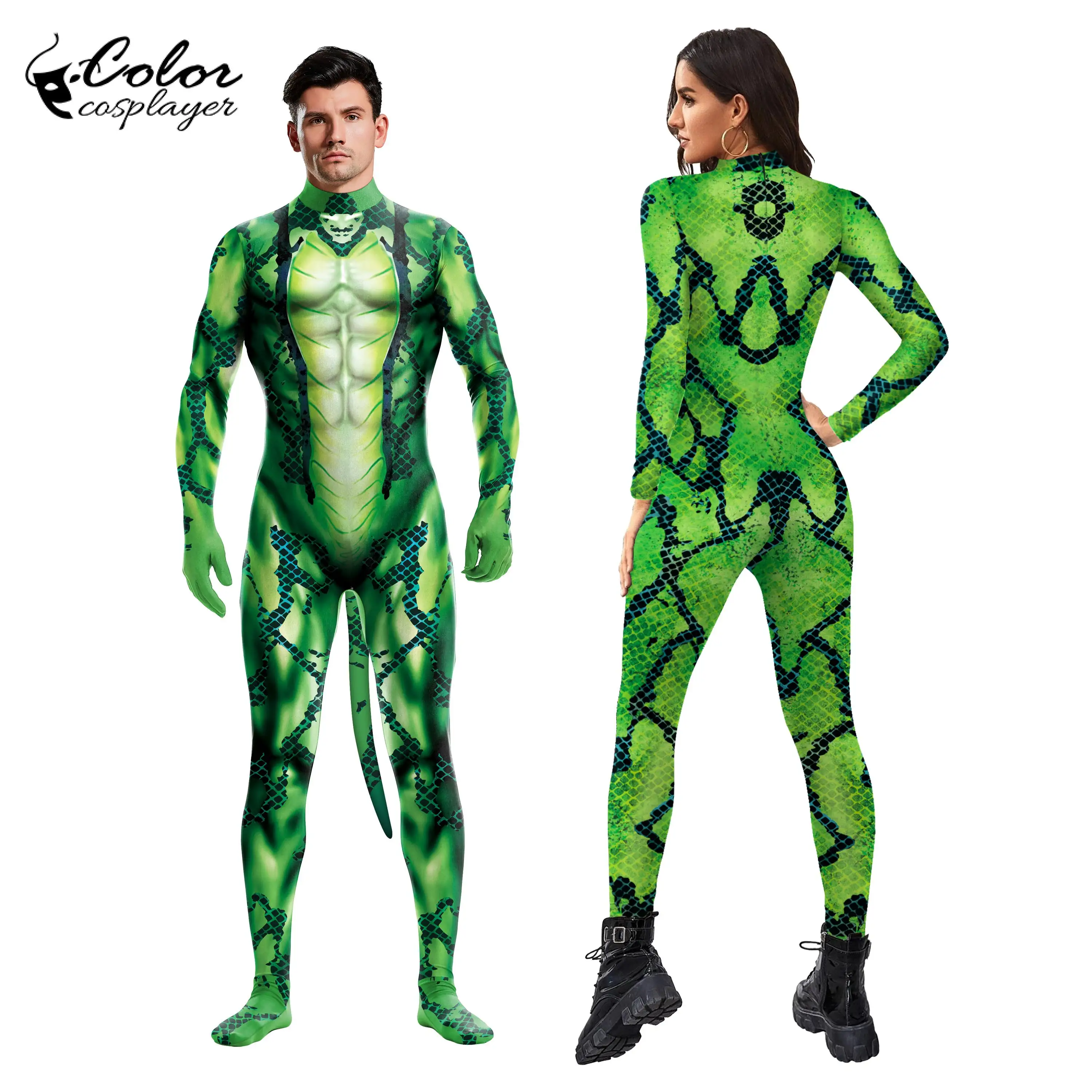 Farbe Cosplay Halloween Jumps uit Party grüne Schlange Cosplay Kostüme Catsuit mit Schwanz Zentai Tier Bodysuit Fitness-Outfit