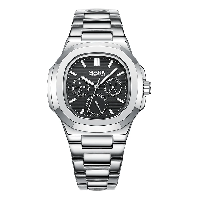 마크 페어웨일 남성 쿼츠 시계 43mm 사각 손목시계 30M 방수 발광 주간 날짜 24시간 표시