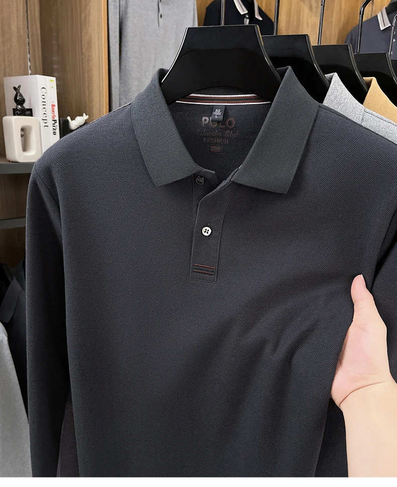 Hochwertiges Langarm-Poloshirt aus 100% Baumwolle für Herren, neue Luxus-Modemarke, Frühling/Herbst, luxuriöser Komfort, lässiges Business-T-Shirt. – Detail 21