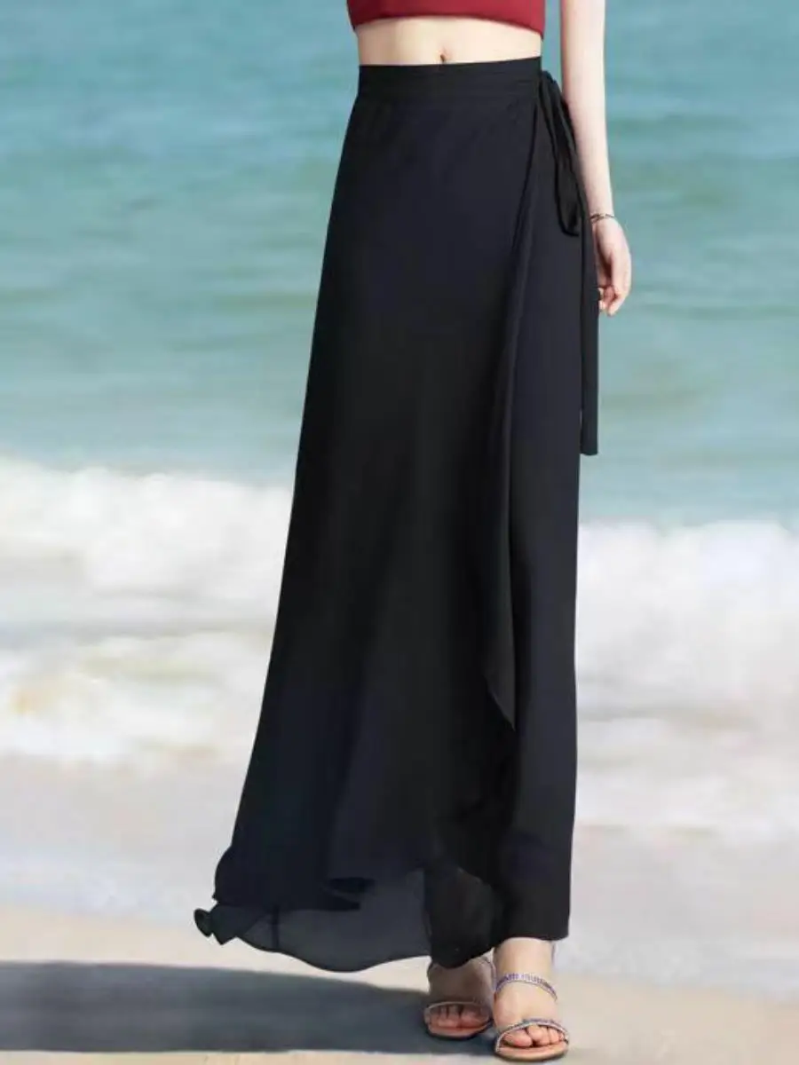 

Summer Sun Protection Pure Color A-Line Skirt with Belted Apron Design Slimming High Waist Split Midi Skirt Korean Sle