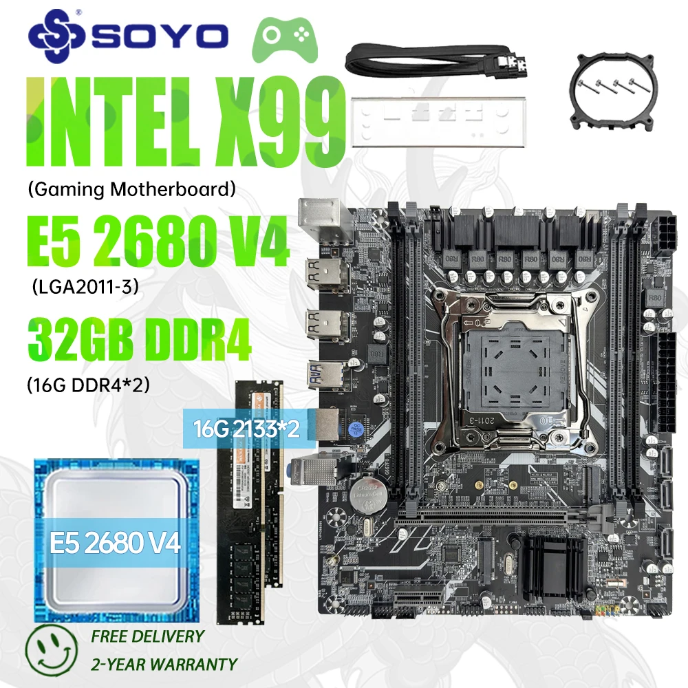

SOYO X99 Motherboard Kit with LGA2011-3 Xeon E5 2680 V4 DDR4 32GB (2*16GB) 2133MHz NVME M.2 SATA RAM for Desktop Gaming Computer