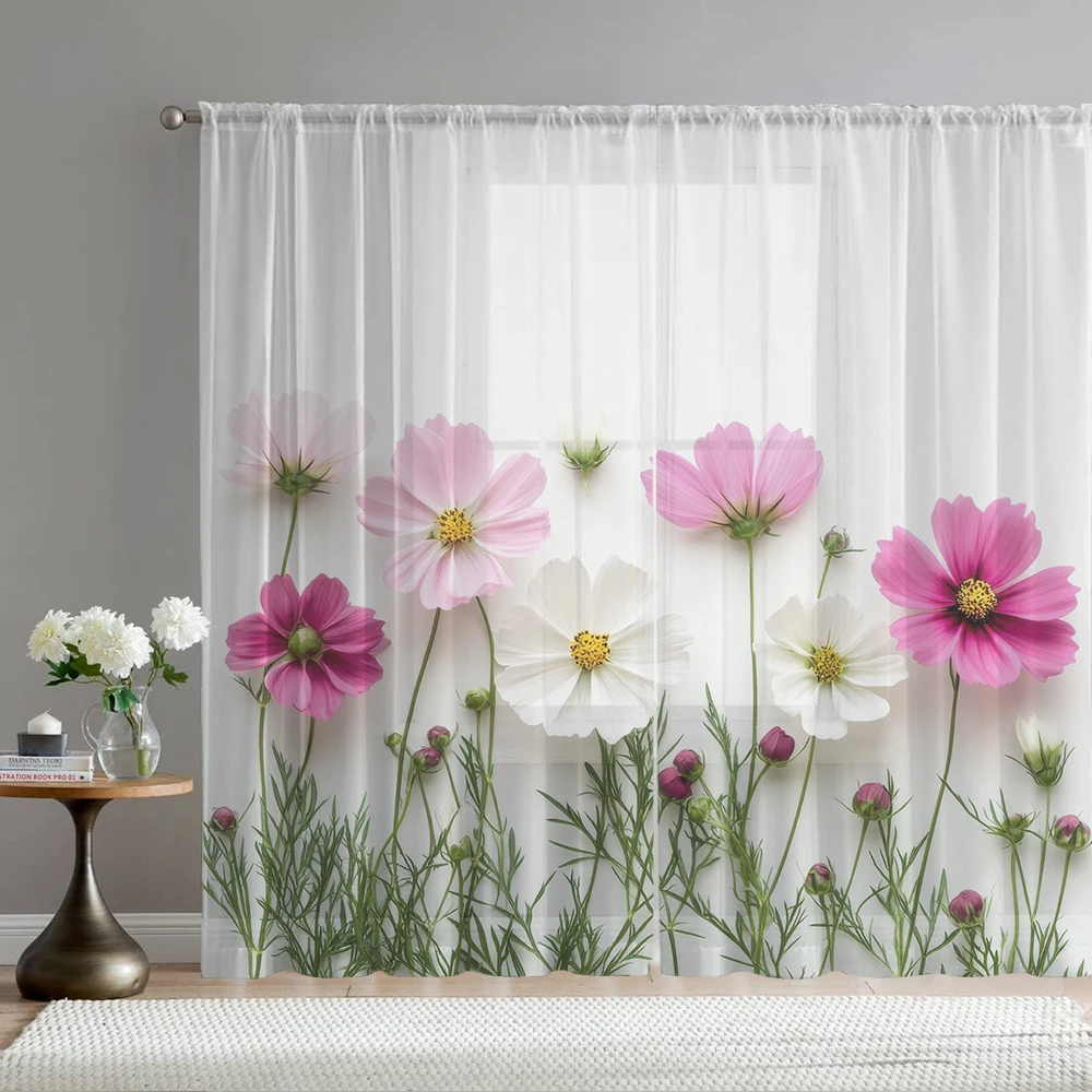 

2 шт. декоративных занавесок для окон с принтом маргариток и фиолетовых бутонов цветов, подходят для кофеен, ресторанов, спален