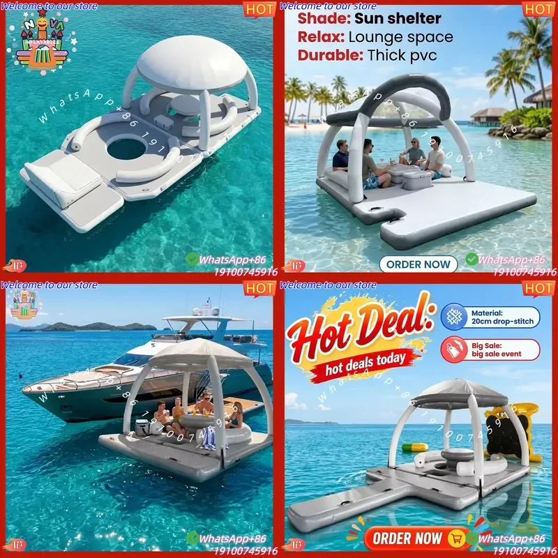 2026 Custom Factory NOVA Brand Beach Pool Floating Inflatable Island Water Platform Roof Pavilion PVC Material