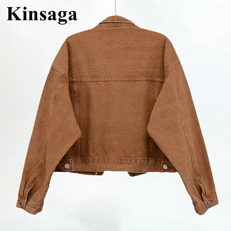 Women Street Harajuku Vintage Brown Short Denim Jackets Xl Spring Street Y2K Cropped Jeans Coats Outwear 90\'S Girls Jean Tops