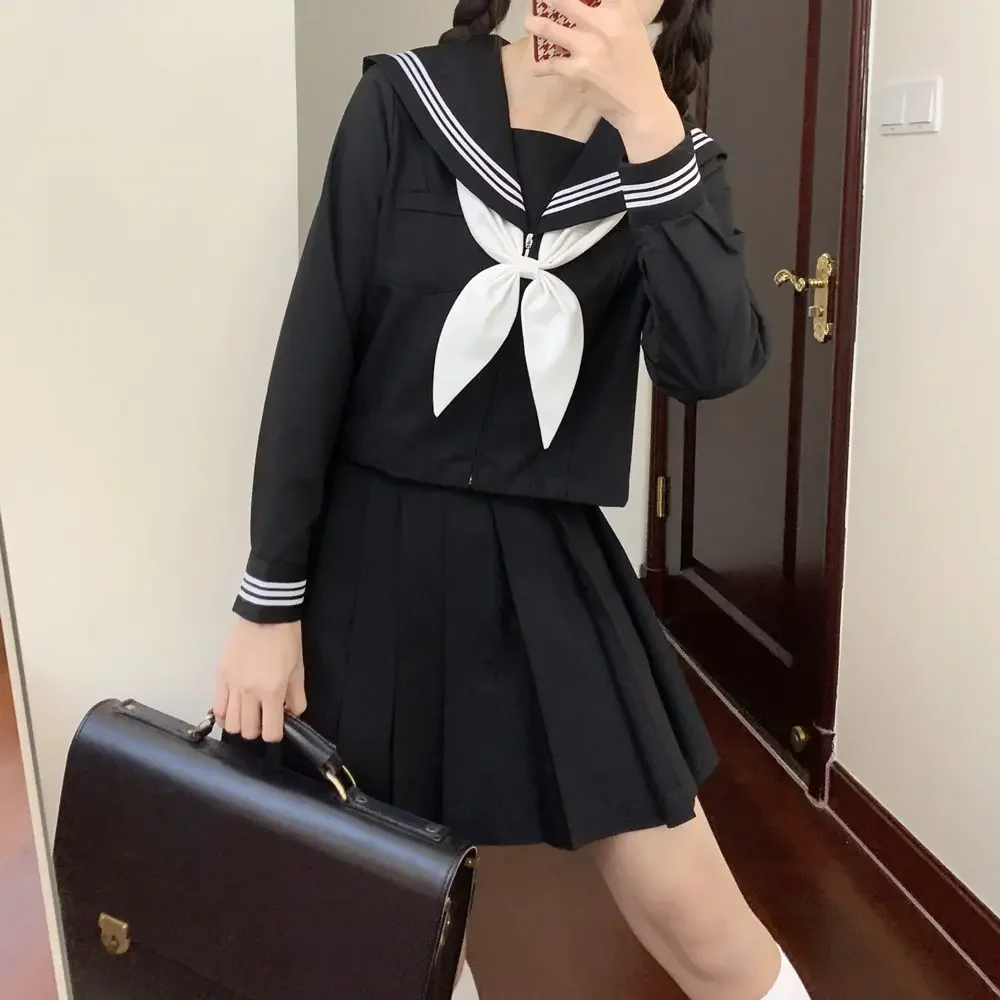 Black Sailor Suit Japanese South Korea High School JK Uniform Schoolgirl Seifuku Student Clothes Uniforms Women Pleated Skirt