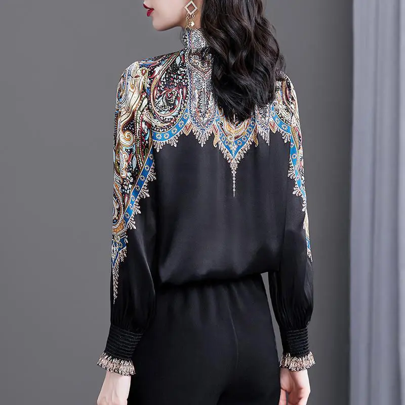 Chinese Style Pattern Printing Imitation Silk Black Patchwork Ladies T-Shirts Embroidery Luxury Lantern Sleeve Turtleneck 4XL