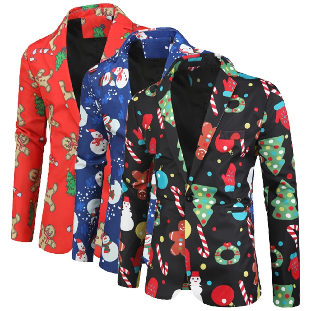 Fashion Christmas Printed Suit Jacket Men Xmas New Year Coat Red Green Costumes Slim Fit Blazers Jackets Masculino Dress Blazer