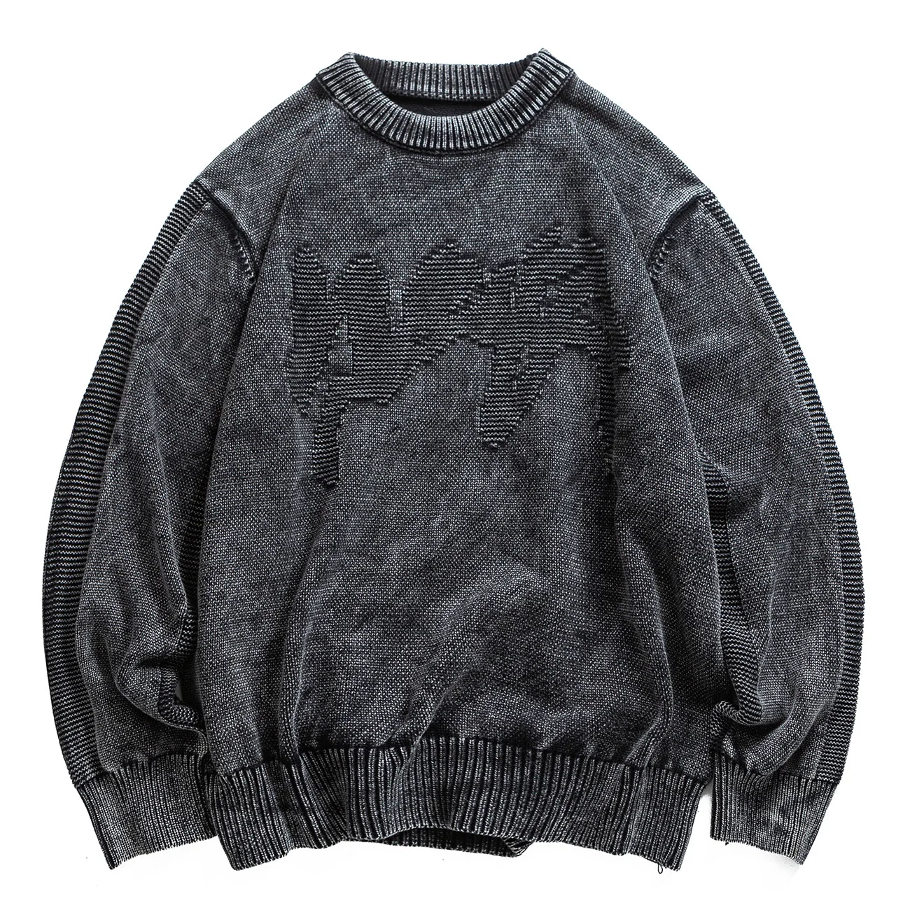 

100% Cotton Amekaji Japanese-American Vintage Letter Jacquard Sweater Unisex Oversized Washed Vintage Knitwear Pullovers for Men