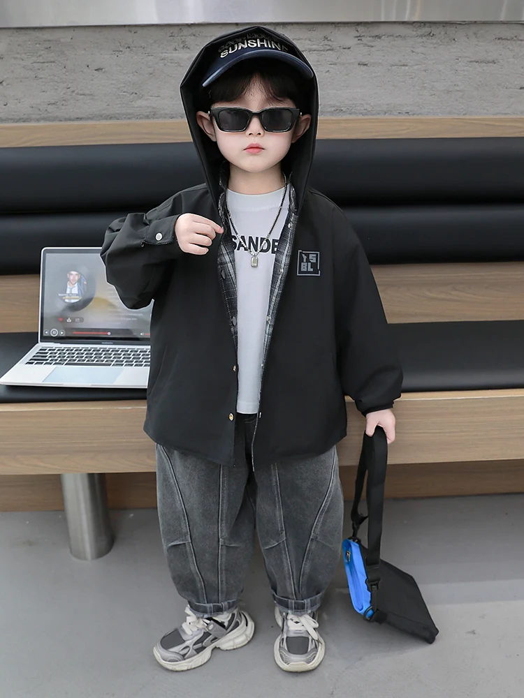 

ex Double-Sided Wear Loose Fit Plaid Jaet Autumn Season Faionable Casual Sle Children's Outerwear Polyester Fiber